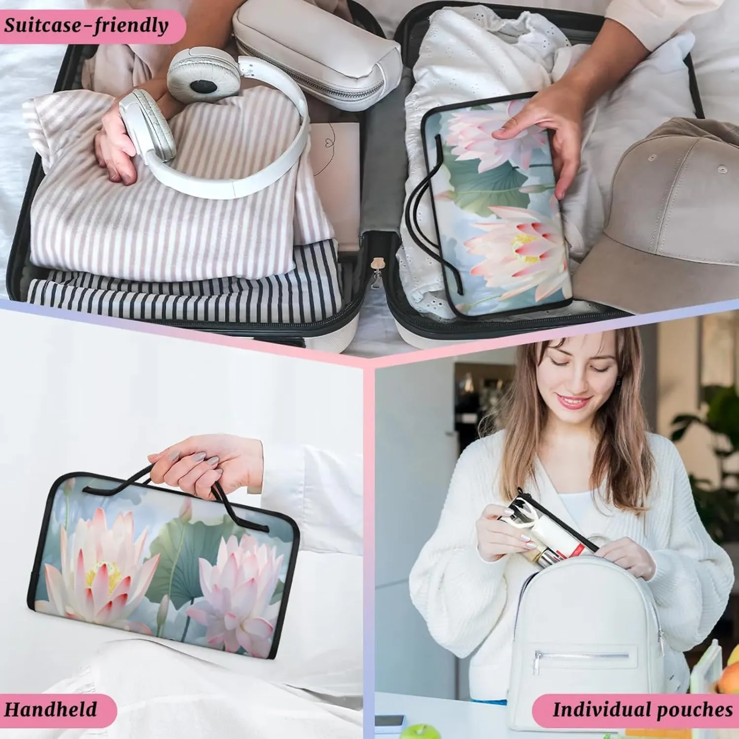 Lotus Leaf Style Toiletry Bag Water Proof Travel Makeup Case Large Capacity 4 in 1 Foldable Cosmetics Storage for Women Men Removable Zipper Clear PVC Pockets