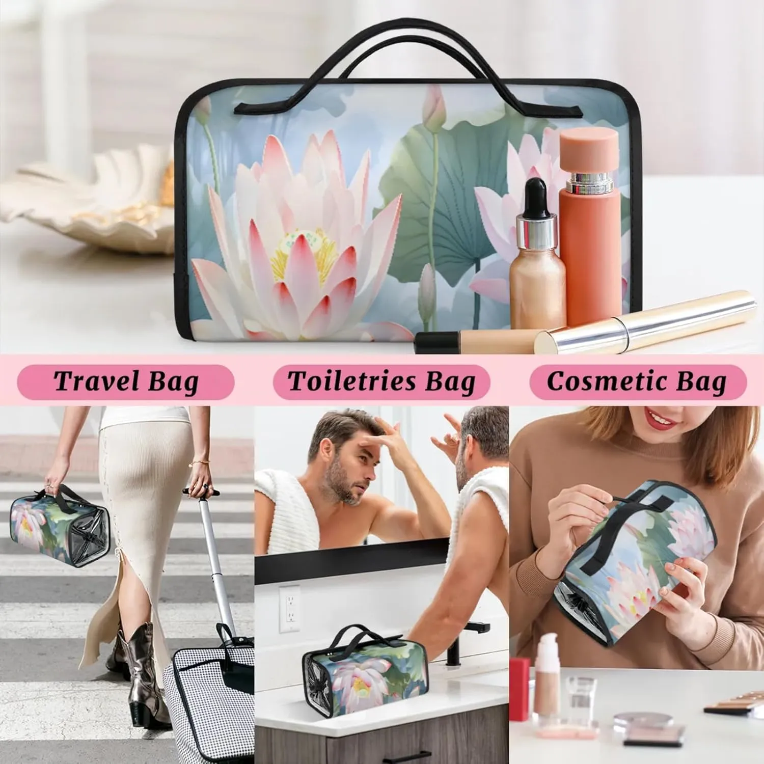 Lotus Leaf Style Toiletry Bag Water Proof Travel Makeup Case Large Capacity 4 in 1 Foldable Cosmetics Storage for Women Men Removable Zipper Clear PVC Pockets
