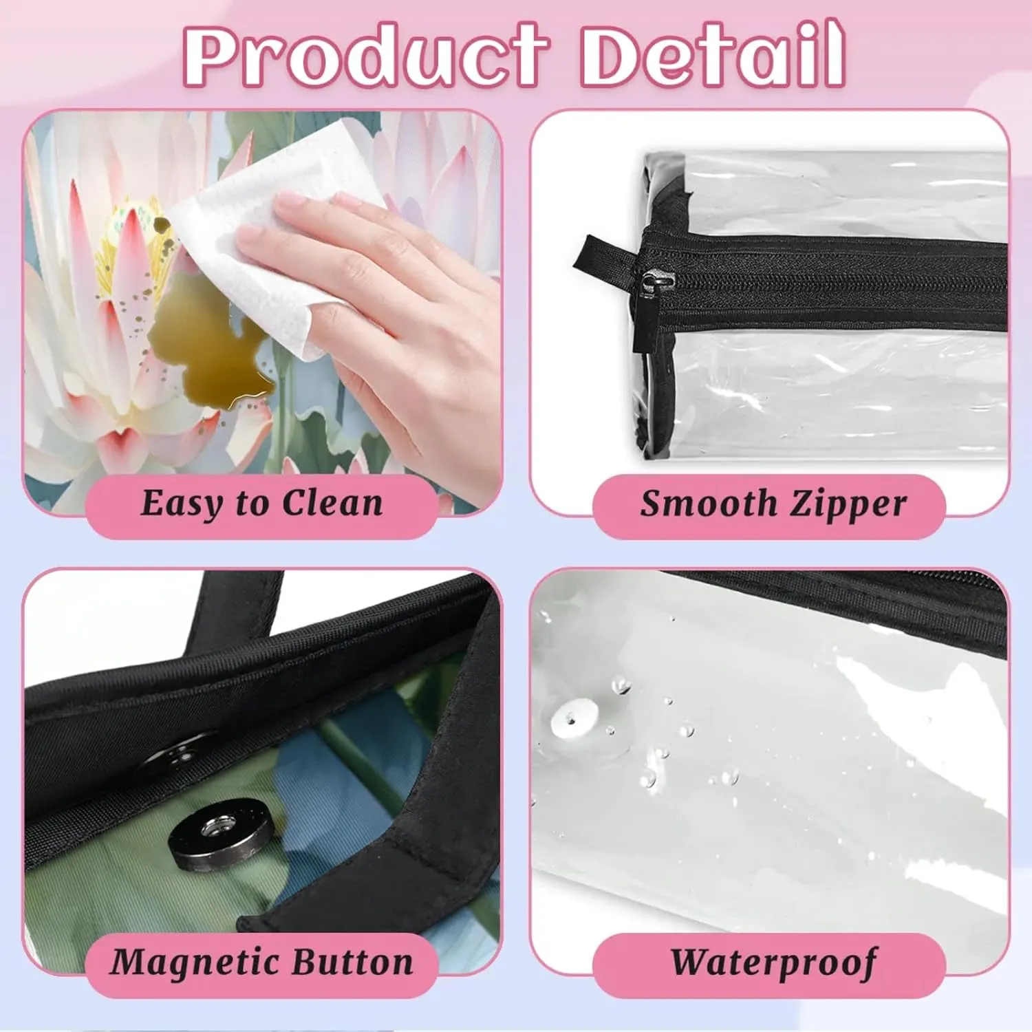Lotus Leaf Style Toiletry Bag Water Proof Travel Makeup Case Large Capacity 4 in 1 Foldable Cosmetics Storage for Women Men Removable Zipper Clear PVC Pockets