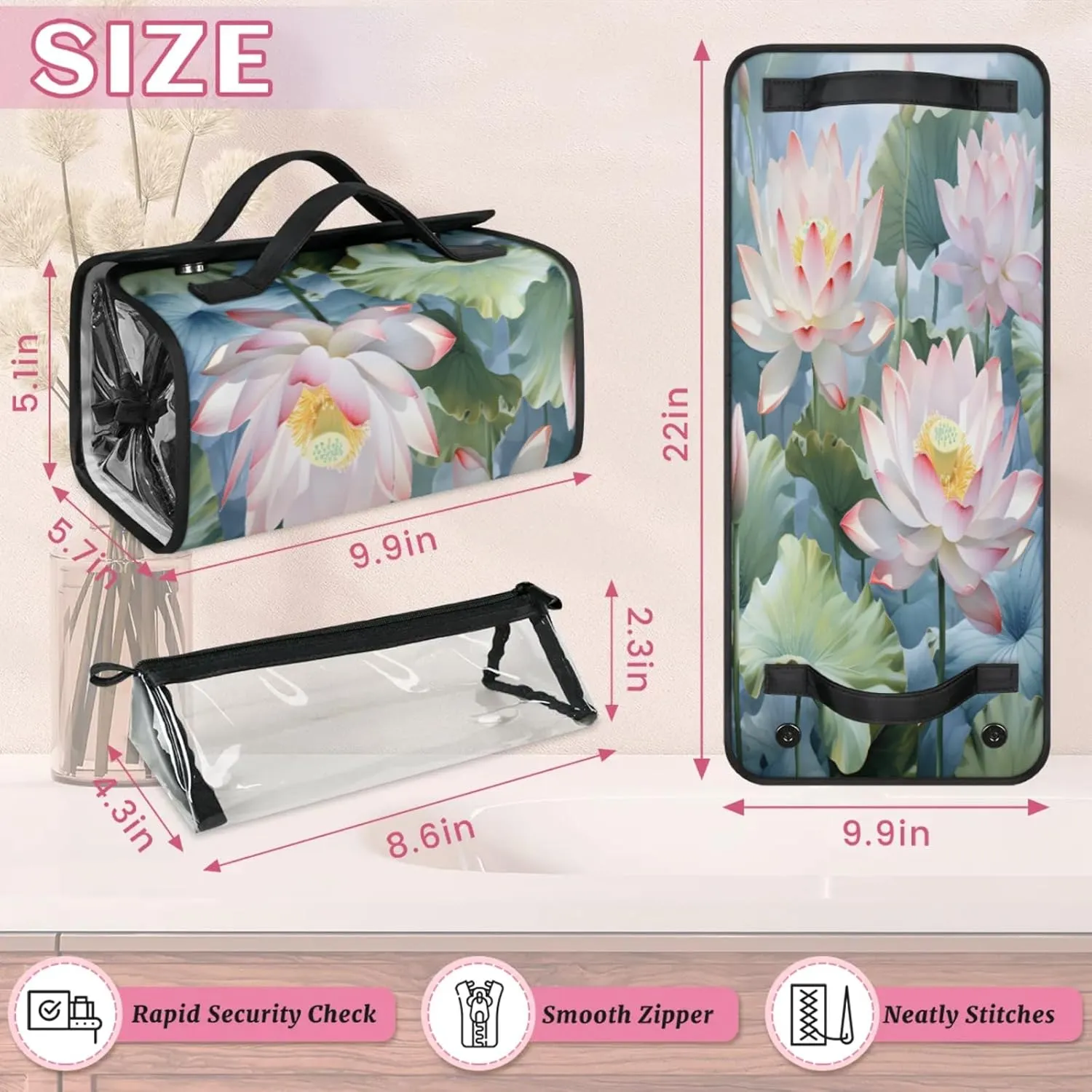 Lotus Leaf Style Toiletry Bag Water Proof Travel Makeup Case Large Capacity 4 in 1 Foldable Cosmetics Storage for Women Men Removable Zipper Clear PVC Pockets