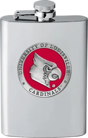 Louisville Cardinals Flask | 8 Ounce Liquor Flask Container - Stainless Steel | Intricately Crafted Metal Pewter Alma Mater Inlay