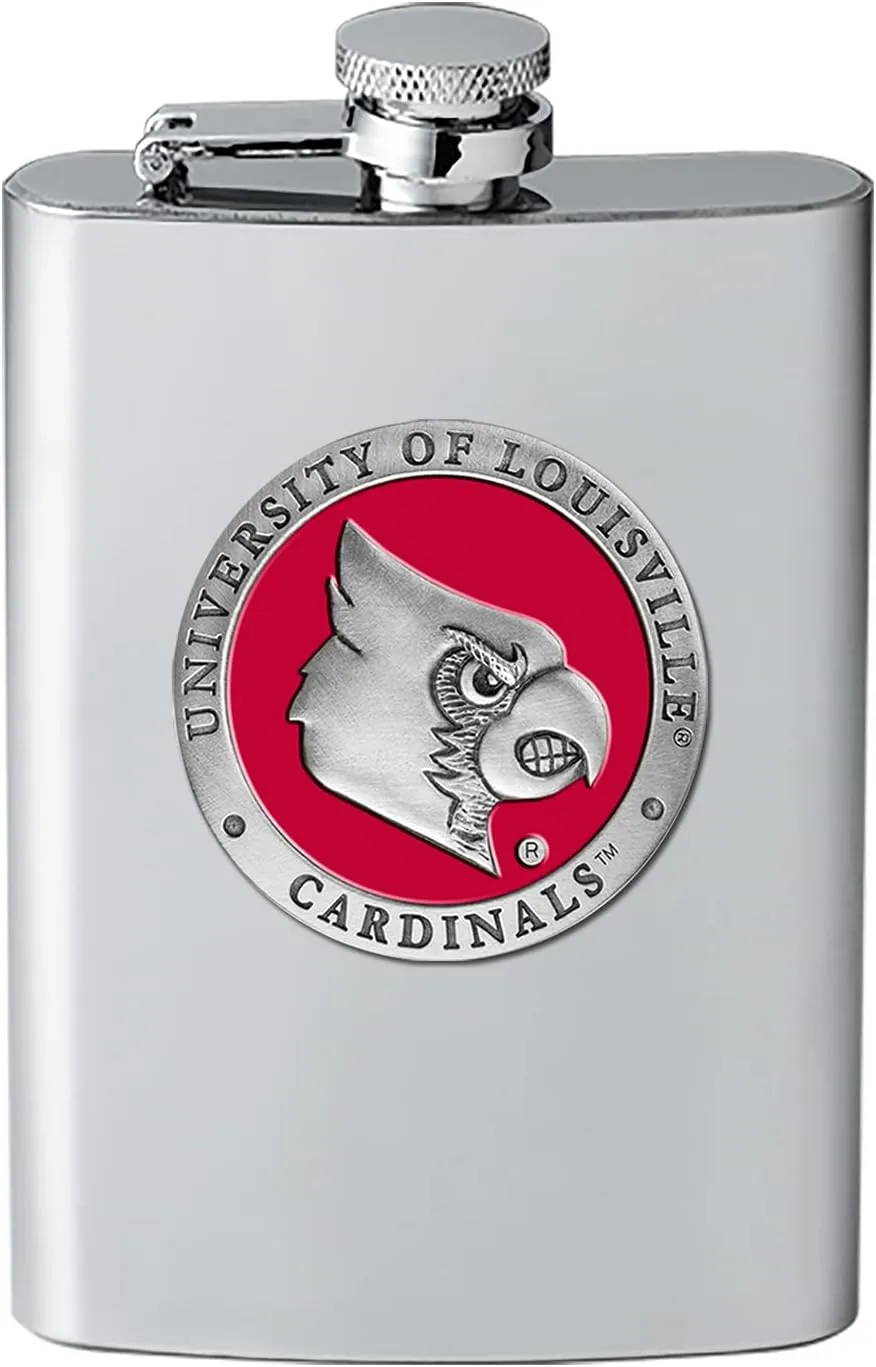 Louisville Cardinals Flask | 8 Ounce Liquor Flask Container - Stainless Steel | Intricately Crafted Metal Pewter Alma Mater Inlay