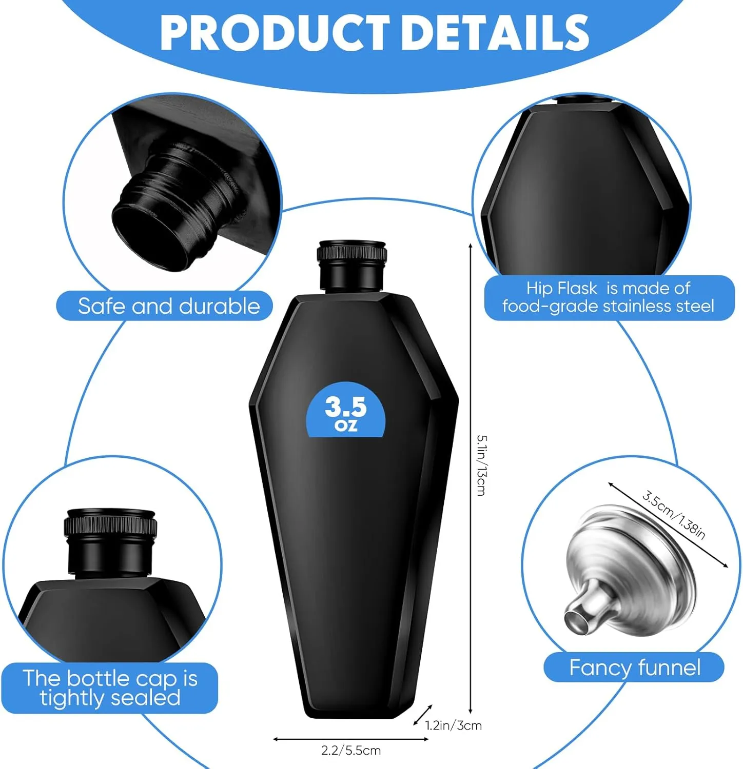 Lounsweer 3 Pieces Flask Set 3.5 oz Coffin Flasks with Funnel 304 Stainless Steel Bottle Creative 100 ml Thicken for Men Women Adult Friends Gifts(Black)