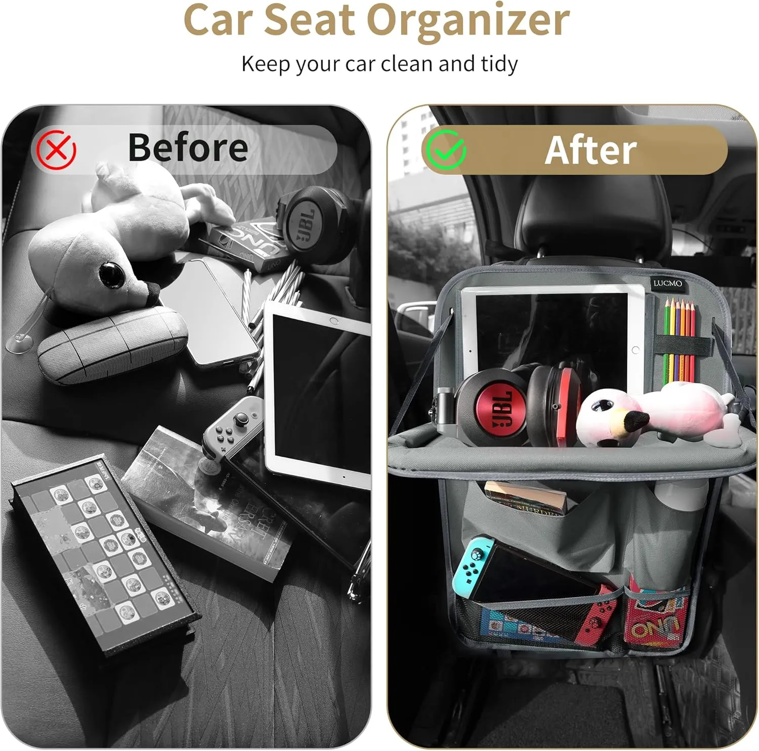 LUCMO Car Backseat Organizer with Tablet Holder-2 Pcs,6 Storage Pockets Car Storage Organizer with Foldable Food Tray Protectors Kick Mats Travel Accessories-Grey