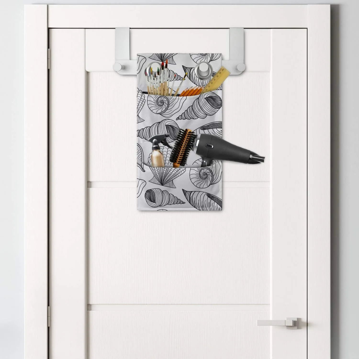 Lunarable Seashells Hanging Pocket Organizer, Monochrome Auger Button and Scallop Varieties of Ocean Wildlife Elements, Printed Polyester Storage Bag with Pockets, 9" x 16", Black and White