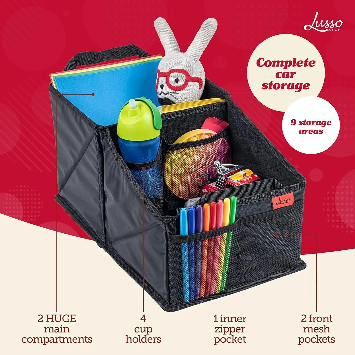 Lusso Gear Car Seat Organizer for Front or Backseat - Great for Adults & Kids, Features 9 Storage Compartments for Toys, Magazines, Tissues, Maps, Books, Documents, Games & More (Geometric)