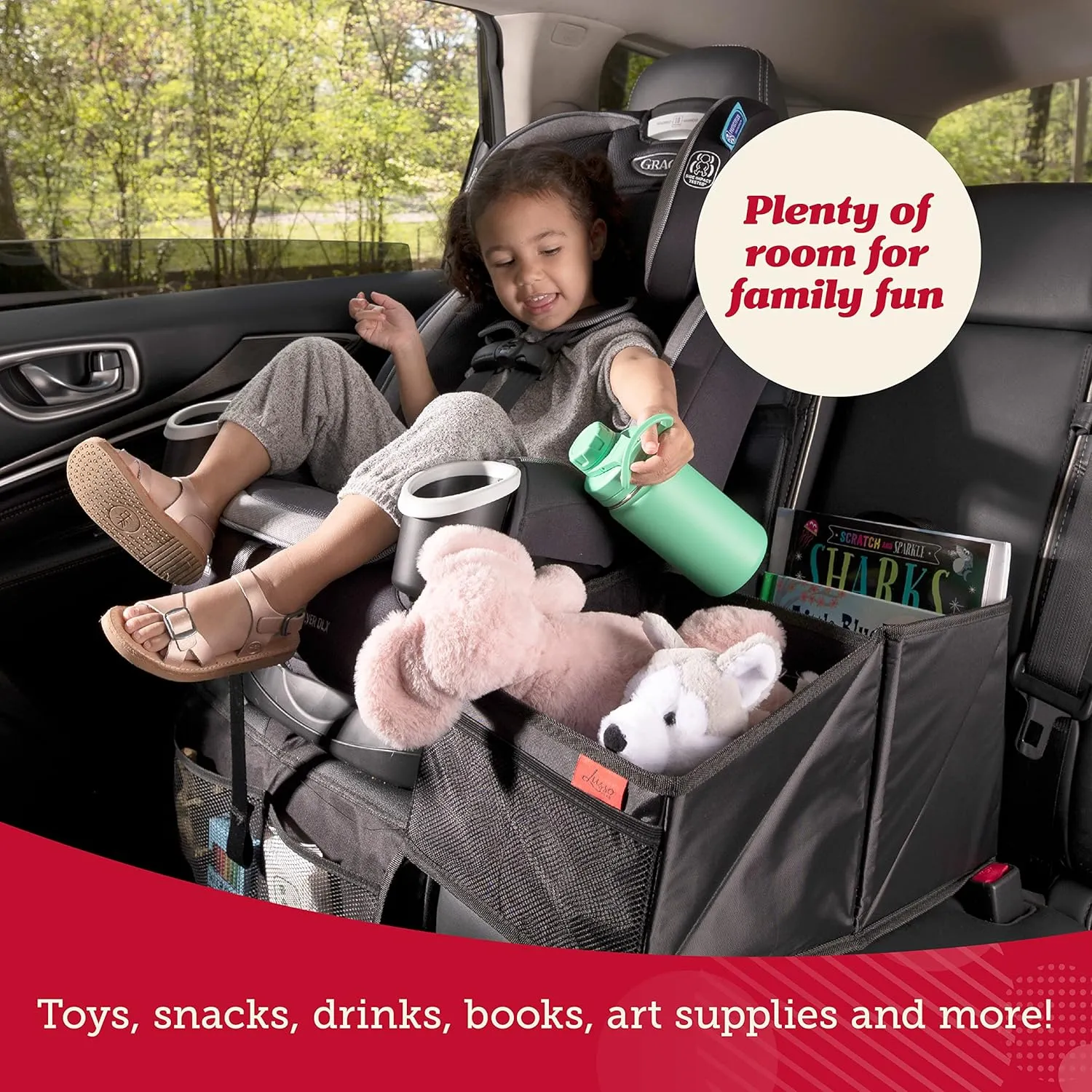 Lusso Gear Car Seat Organizer for Front or Backseat - Great for Adults & Kids, Features 9 Storage Compartments for Toys, Magazines, Tissues, Maps, Books, Documents, Games & More (Geometric)