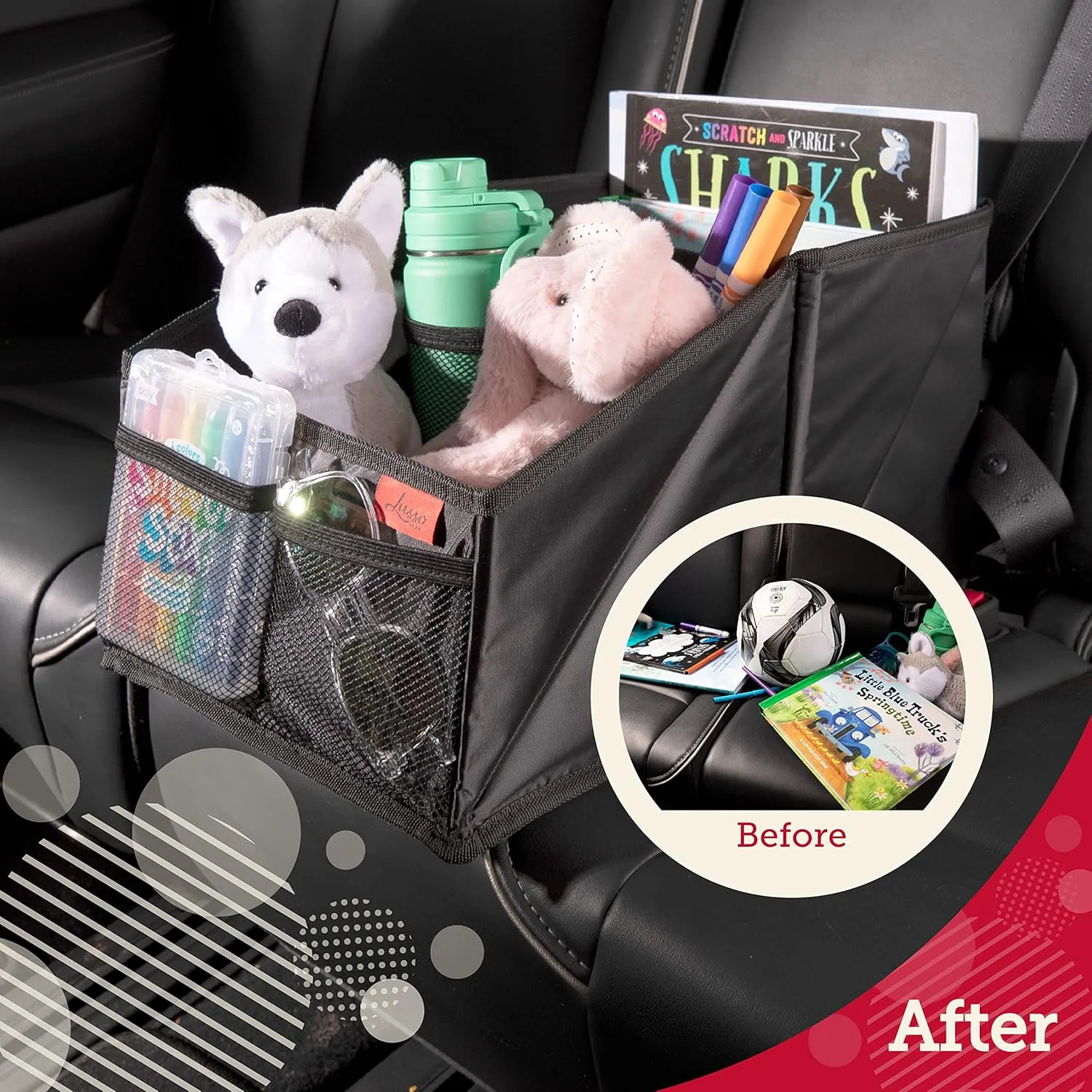 Lusso Gear Car Seat Organizer for Front or Backseat - Great for Adults & Kids, Features 9 Storage Compartments for Toys, Magazines, Tissues, Maps, Books, Documents, Games & More (Geometric)