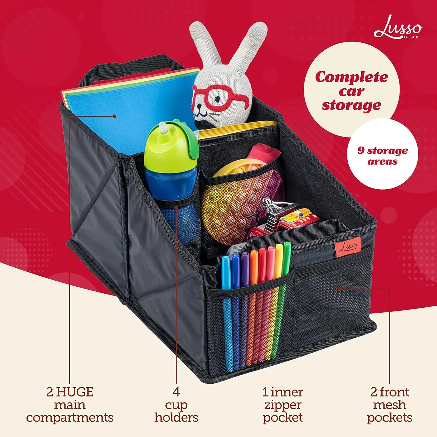 Lusso Gear Car Seat Organizer with Cup Holders - Front or Backseat Organizer - 9 Storage Compartments for Travel - Fits Cars, Trucks, and Vans - Black