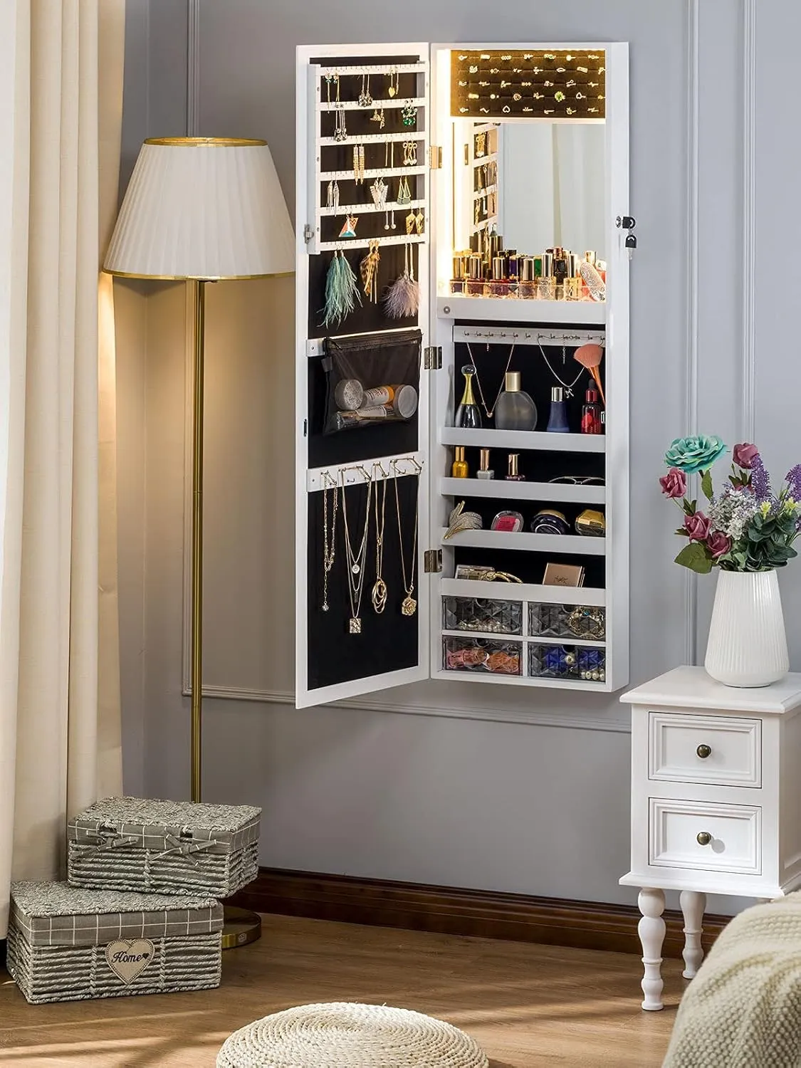 LUXFURNI Mirror Jewelry Cabinet 79 LED Lights Wall-Mount/Door-Hanging Armoire, Lockable Storage Organizer w/Drawers (White)