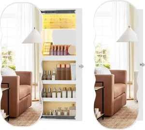 Lvifur Jewelry Armoires with LED Lights, Hanging Jewelry Storage Cabinet Lockable Wavy Mirror Jewelry Organizer, Lockable Frameless Mirror with Storage, LED Jewelry Cabinet Wall/Door Mounted(White)