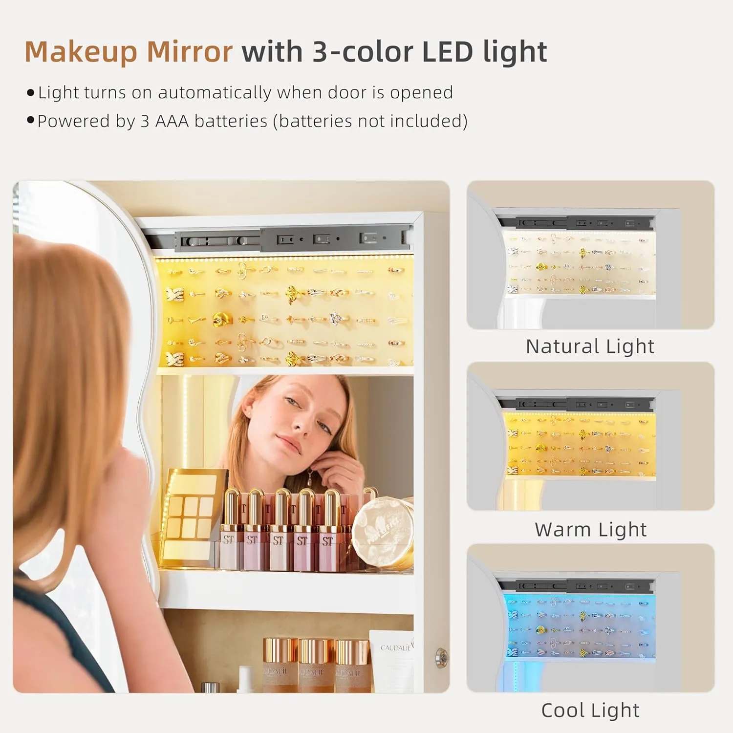 Lvifur Jewelry Armoires with LED Lights, Hanging Jewelry Storage Cabinet Lockable Wavy Mirror Jewelry Organizer, Lockable Frameless Mirror with Storage, LED Jewelry Cabinet Wall/Door Mounted(White)