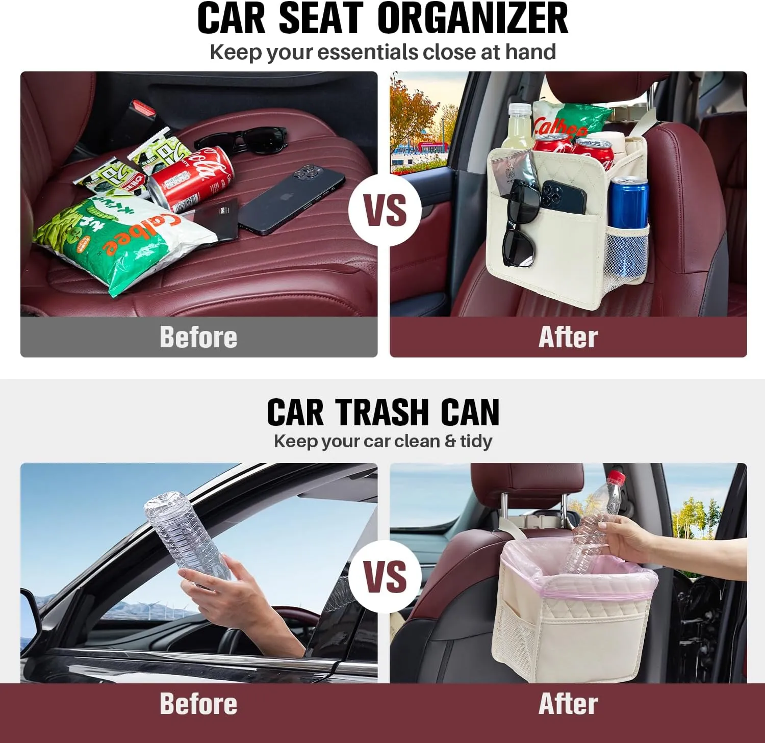 LXUNYI Car Seat Organizer,2 Pack Waterproof Pu Leather Backseat Car Organizer and Storage Bag Foldable Universal Hanging Car Seat Back Organizers for Kids & Adults (Beige 2Pack)