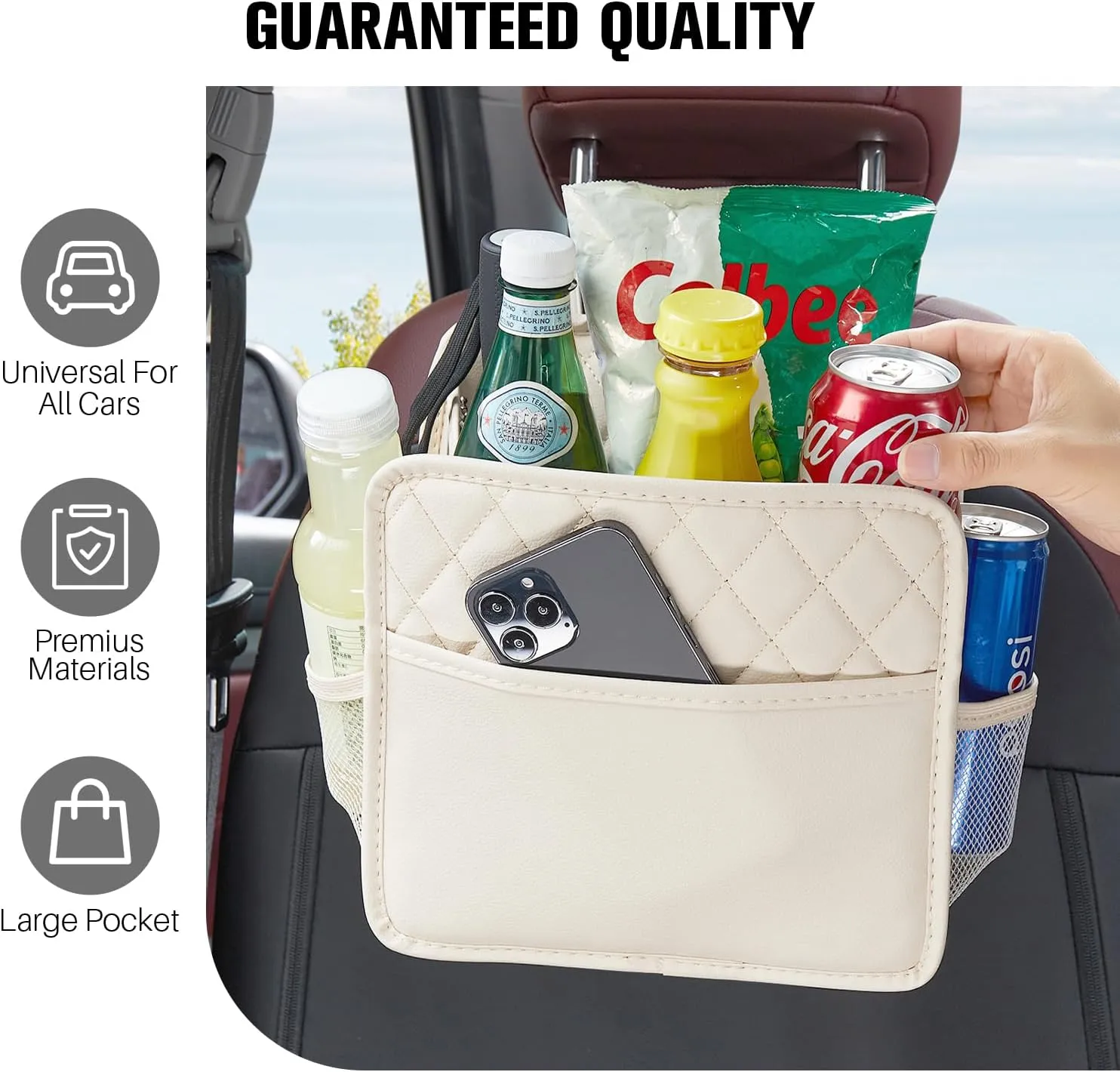 LXUNYI Car Seat Organizer,2 Pack Waterproof Pu Leather Backseat Car Organizer and Storage Bag Foldable Universal Hanging Car Seat Back Organizers for Kids & Adults (Beige 2Pack)