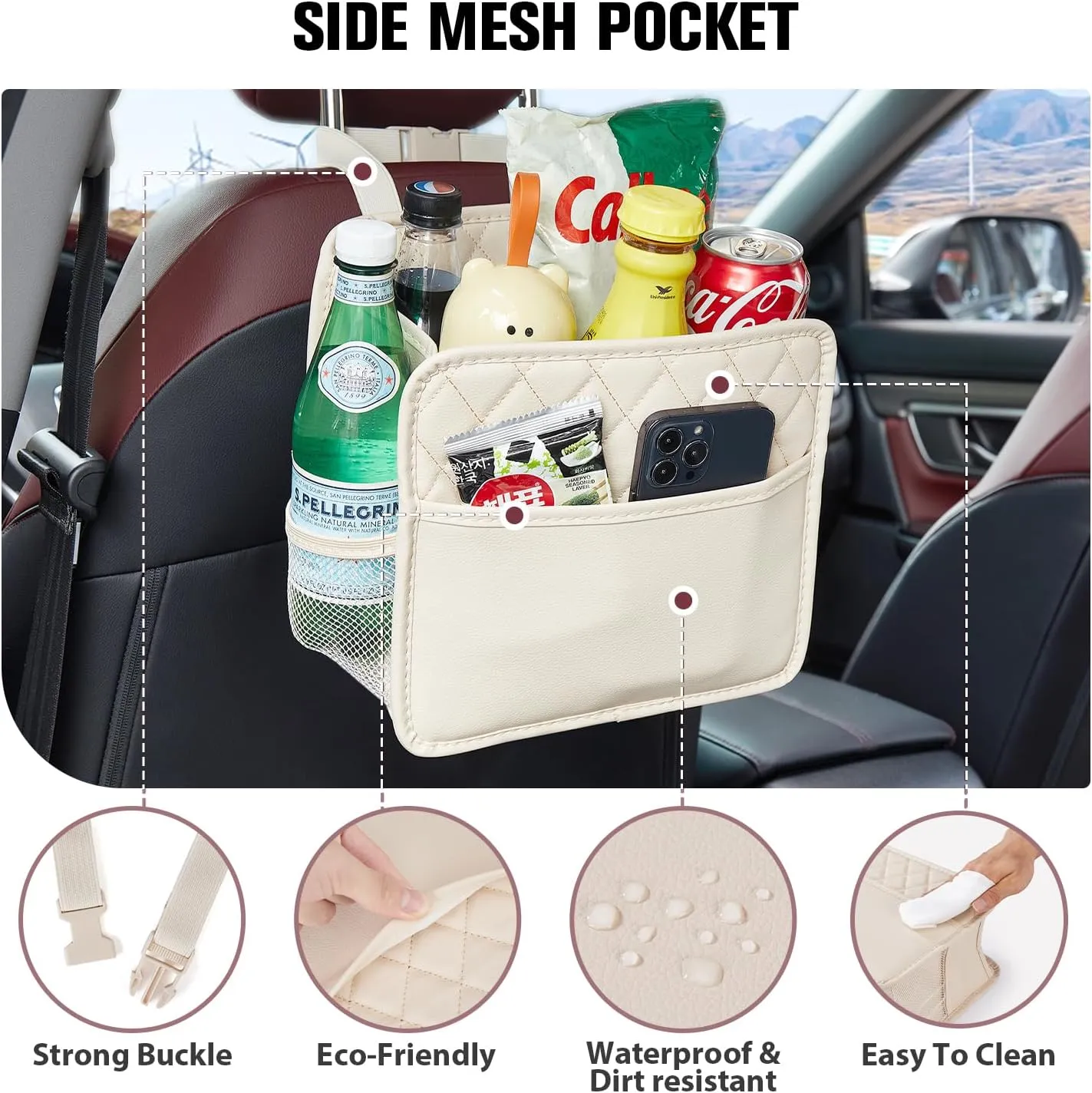 LXUNYI Car Seat Organizer,2 Pack Waterproof Pu Leather Backseat Car Organizer and Storage Bag Foldable Universal Hanging Car Seat Back Organizers for Kids & Adults (Beige 2Pack)