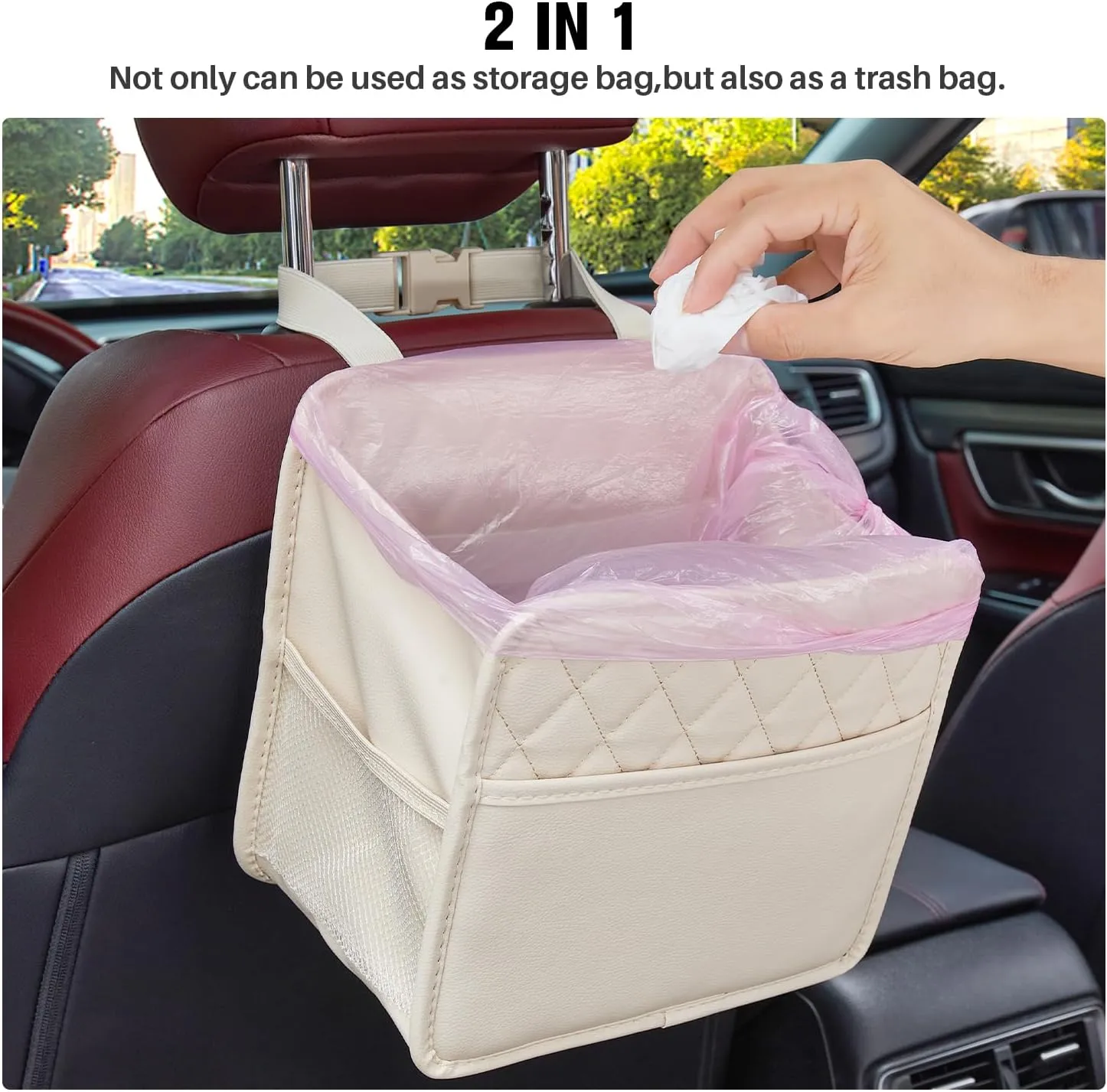 LXUNYI Car Seat Organizer,2 Pack Waterproof Pu Leather Backseat Car Organizer and Storage Bag Foldable Universal Hanging Car Seat Back Organizers for Kids & Adults (Beige 2Pack)