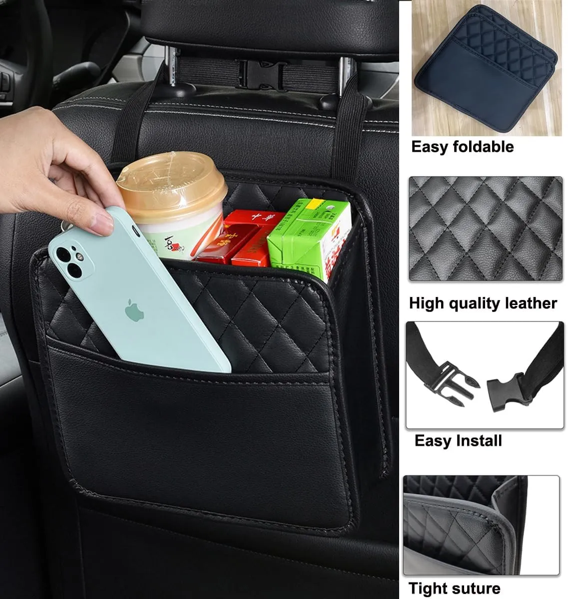 LXUNYI Car Seat Organizer,2 Pack Waterproof Pu Leather Backseat Car Organizer and Storage Bag Foldable Universal Hanging Car Seat Back Organizers for Kids & Adults Car Travel Accessories（Black）