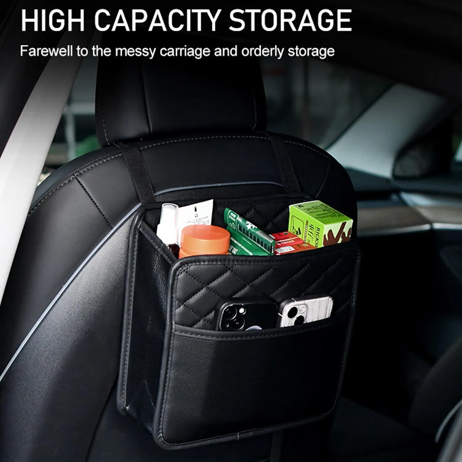 LXUNYI Car Seat Organizer,2 Pack Waterproof Pu Leather Backseat Car Organizer and Storage Bag Foldable Universal Hanging Car Seat Back Organizers for Kids & Adults Car Travel Accessories（Black）