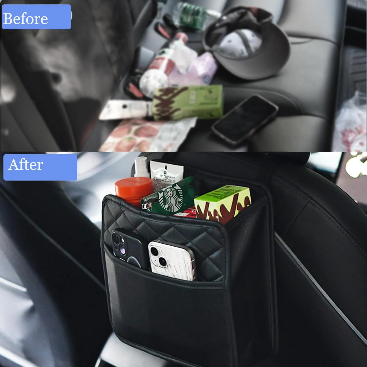 LXUNYI Car Seat Organizer,2 Pack Waterproof Pu Leather Backseat Car Organizer and Storage Bag Foldable Universal Hanging Car Seat Back Organizers for Kids & Adults Car Travel Accessories（Black）