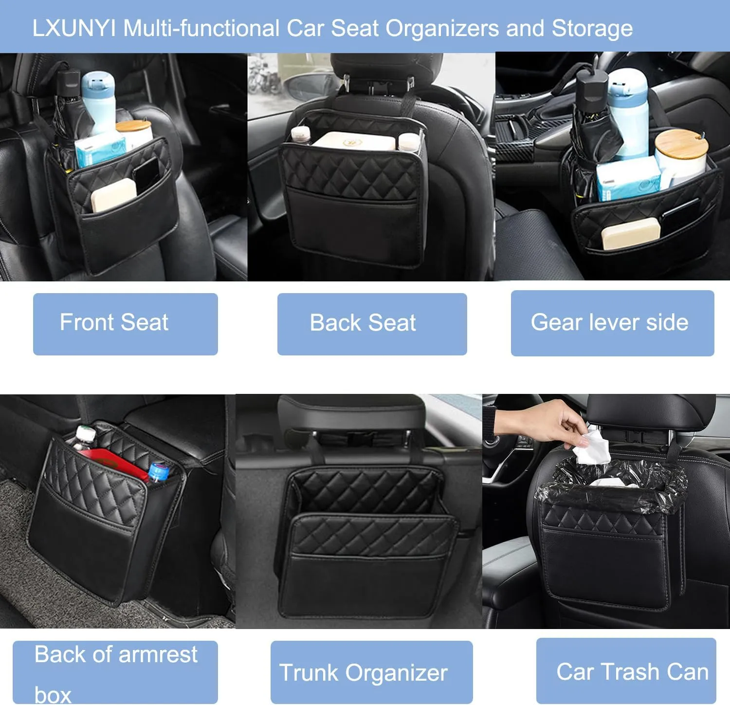 LXUNYI Car Seat Organizer,2 Pack Waterproof Pu Leather Backseat Car Organizer and Storage Bag Foldable Universal Hanging Car Seat Back Organizers for Kids & Adults Car Travel Accessories（Black）