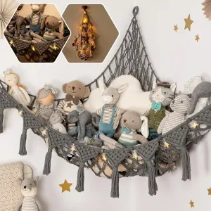 Macrame DreamLights Boho Stuffed Animal Storage Net or hammock Extra Large for Small or large Plushies. Plush Gray Toy Storage Holder