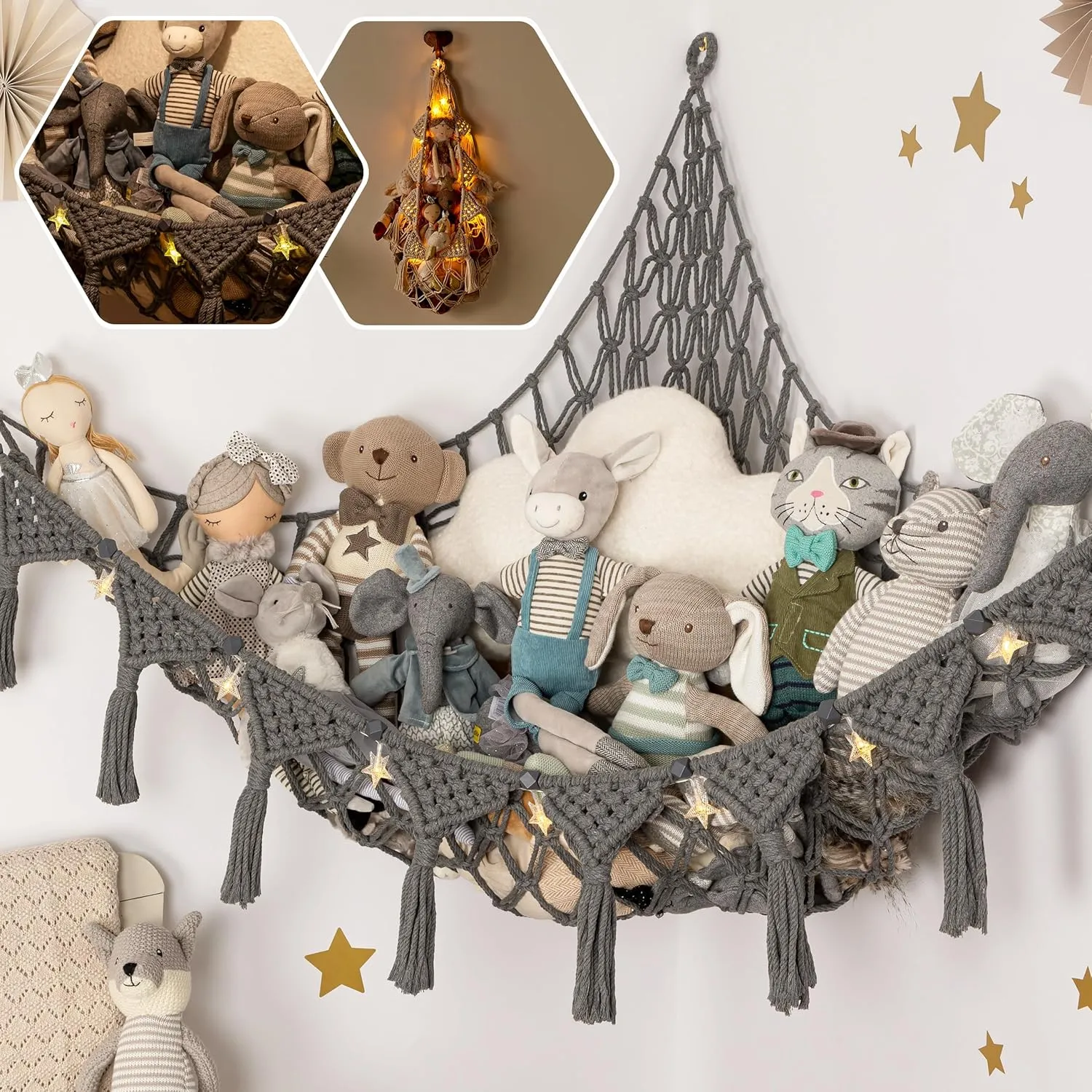 Macrame DreamLights Boho Stuffed Animal Storage Net or hammock Extra Large for Small or large Plushies. Plush Gray Toy Storage Holder