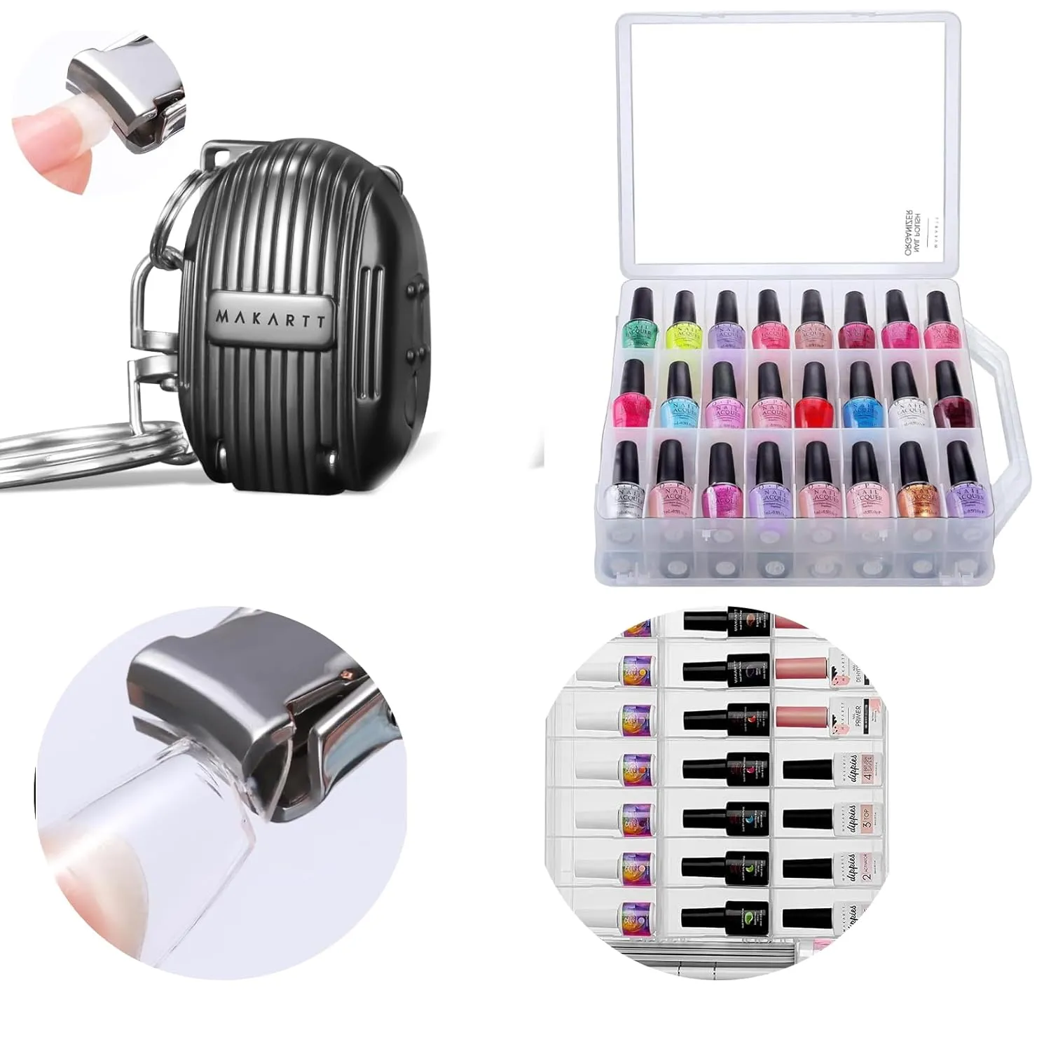 Makartt Universal Clear Nail Polish Organizer Holder Bundle with Nail Clipper Foldable Nail Cutter Black Nail Clippers Mini Fingernail Clipper with Keyring