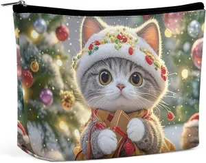 Makeup Bag Makeup Organizer Foldable Cosmetic Bag Cute Cat Sing Christmas Carols Printed Travel Makeup Bag for Women