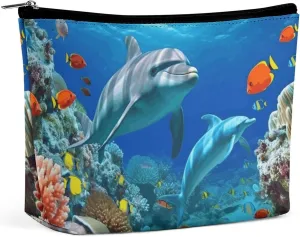 Makeup Bag Makeup Organizer Foldable Cosmetic Bag Seabed Coral Fish Dolphins Printed Travel Makeup Bag for Women