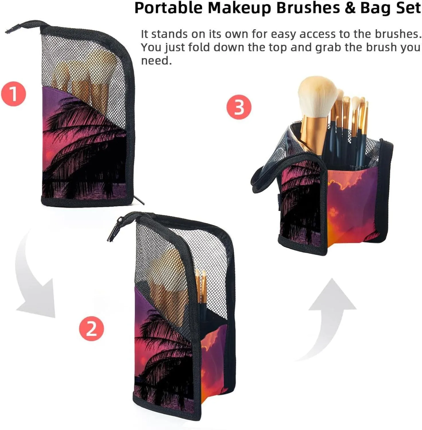 Makeup Brush Organizer Bag, Portable Travel Cosmetic Brush Case with 12 Makeup Brushes, Sunset Sea Foldable Makeup Cup for brushes, Eyebrow Pencil