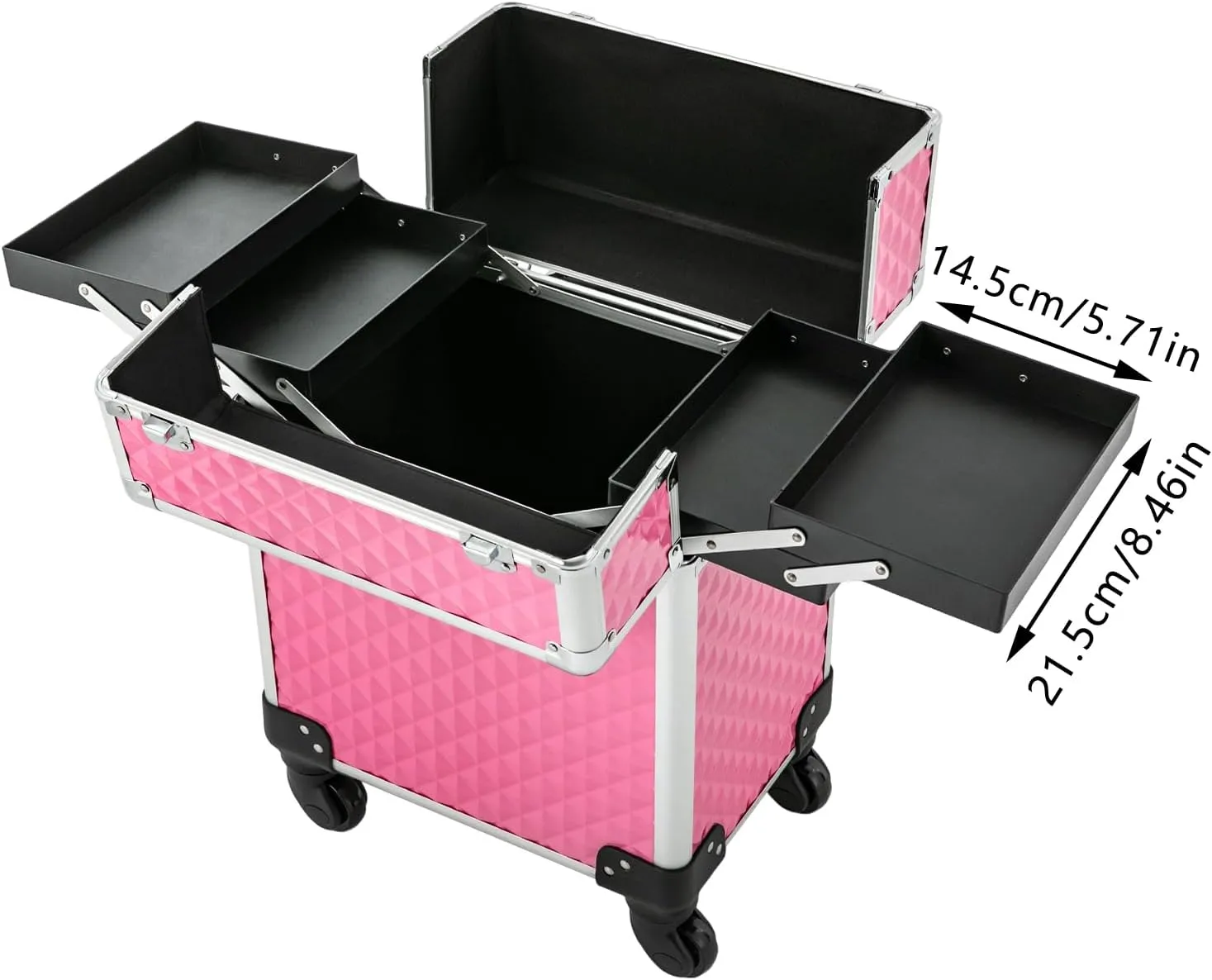 Makeup Rolling Train Case Trolley Professional Cosmetic Organizer Box Large Capacity Trolley Makeup Travel Case with Compartments and 4 Universal Wheels for Esthetician Make-Up Artists (Peach Color)