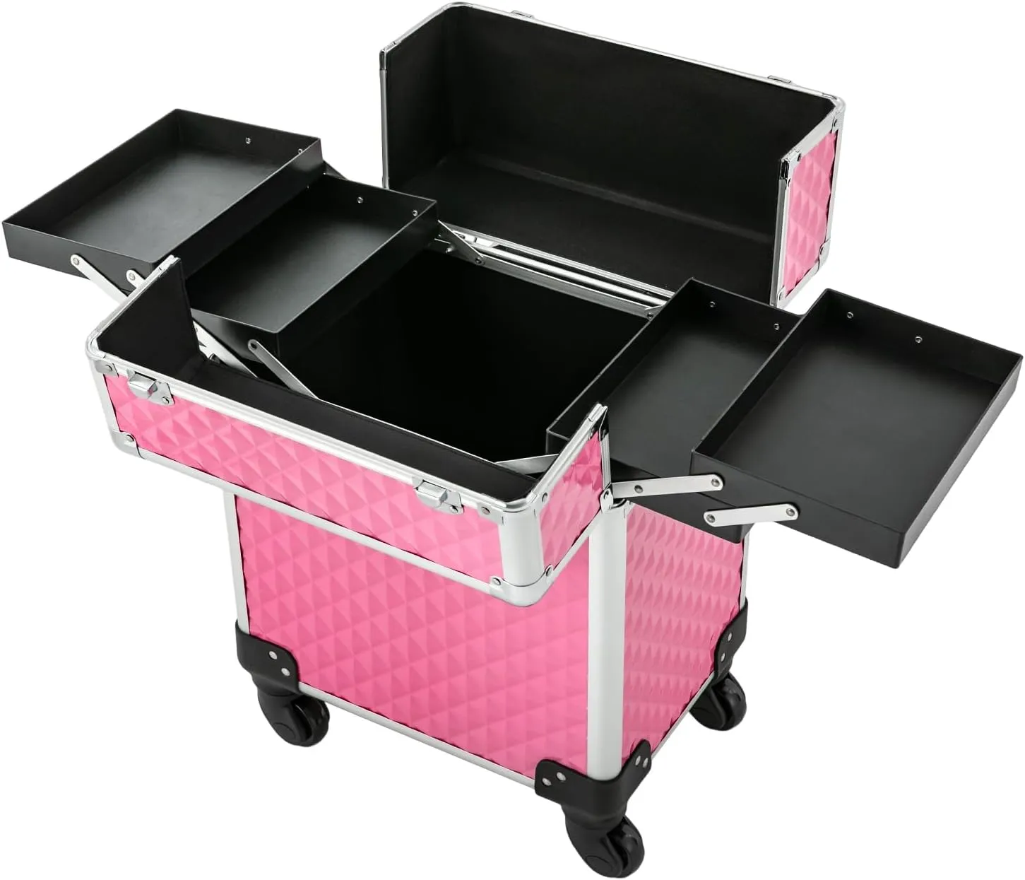 Makeup Rolling Train Case Trolley Professional Cosmetic Organizer Box Large Capacity Trolley Makeup Travel Case with Compartments and 4 Universal Wheels for Esthetician Make-Up Artists (Peach Color)