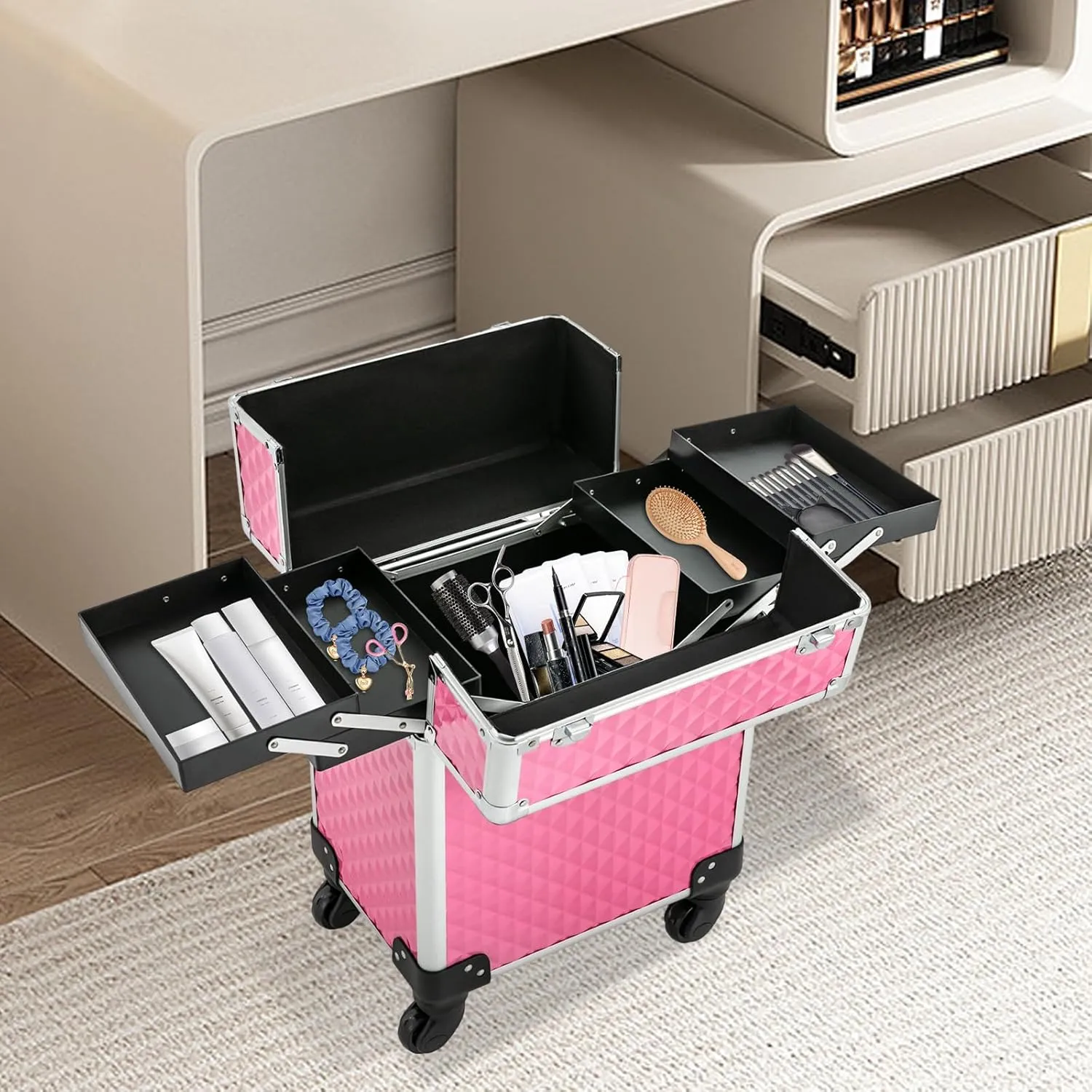 Makeup Rolling Train Case Trolley Professional Cosmetic Organizer Box Large Capacity Trolley Makeup Travel Case with Compartments and 4 Universal Wheels for Esthetician Make-Up Artists (Peach Color)