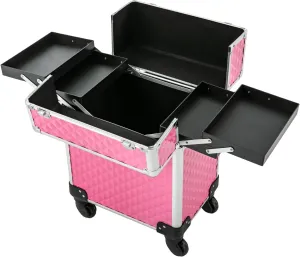 Makeup Rolling Train Case Trolley Professional Cosmetic Organizer Box Large Capacity Trolley Makeup Travel Case with Compartments and 4 Universal Wheels for Esthetician Make-Up Artists (Peach Color)