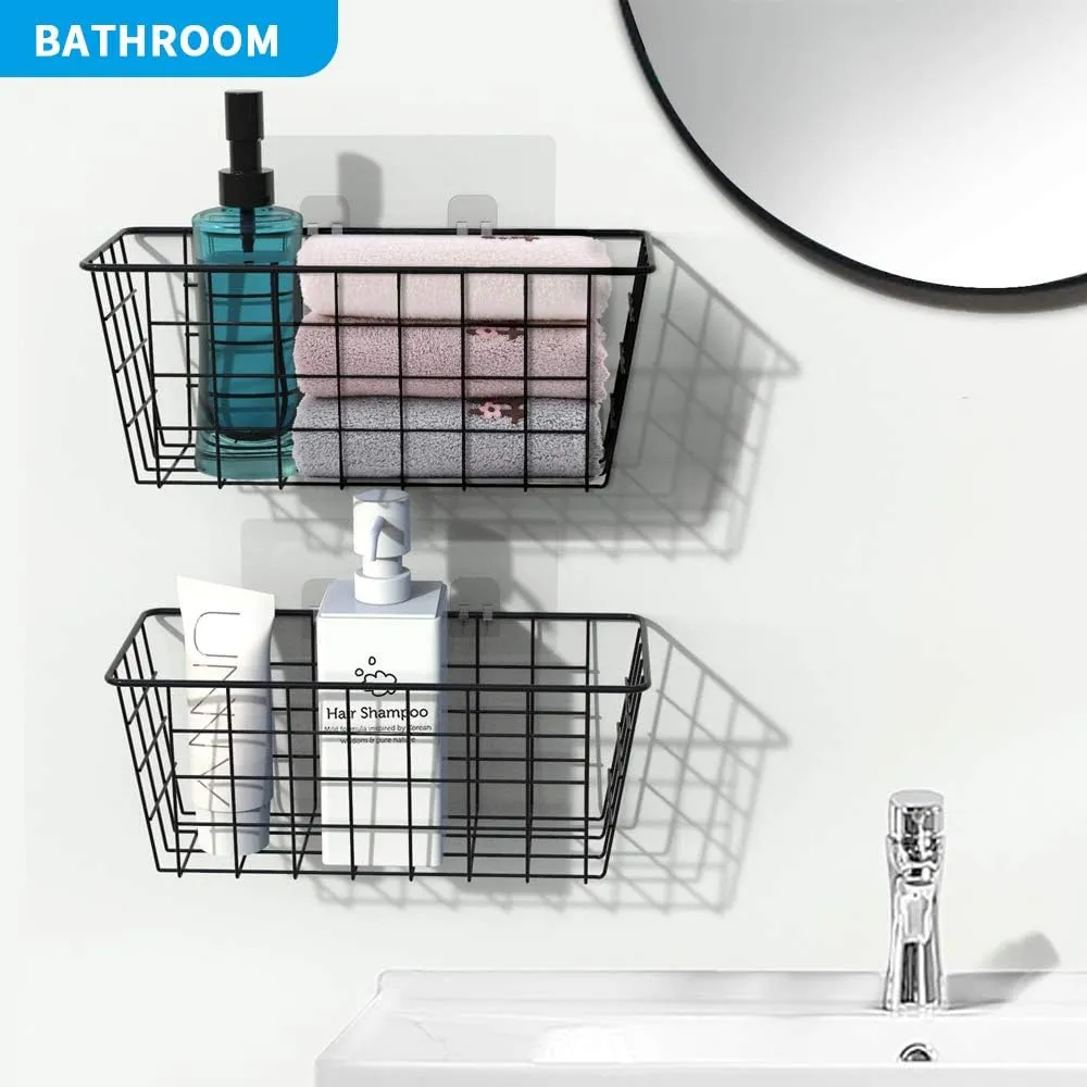 MaraFansie Hanging Kitchen Baskets Wire Storage Basket Over the Cabinet Door Organizer, No Drilling Adhesive Basket for Cabinet Pantry Organization and Kitchen, Bathroom, Storage, 2 Pack, Black
