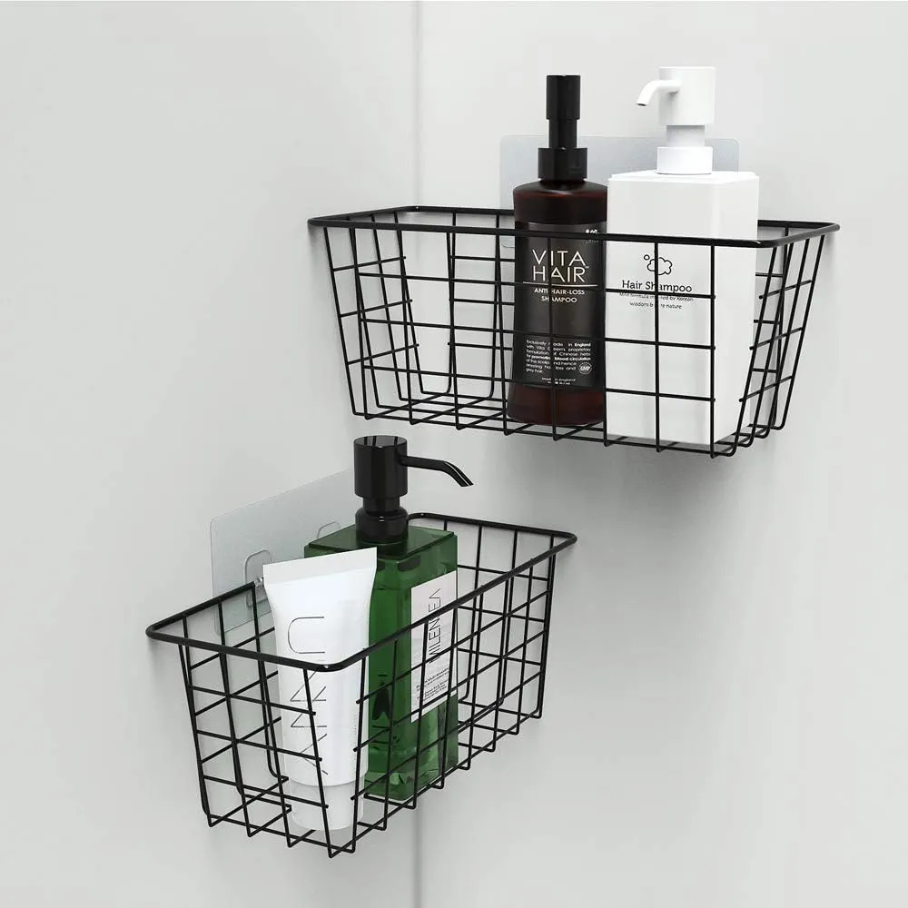 MaraFansie Hanging Kitchen Baskets Wire Storage Basket Over the Cabinet Door Organizer, No Drilling Adhesive Basket for Cabinet Pantry Organization and Kitchen, Bathroom, Storage, 2 Pack, Black