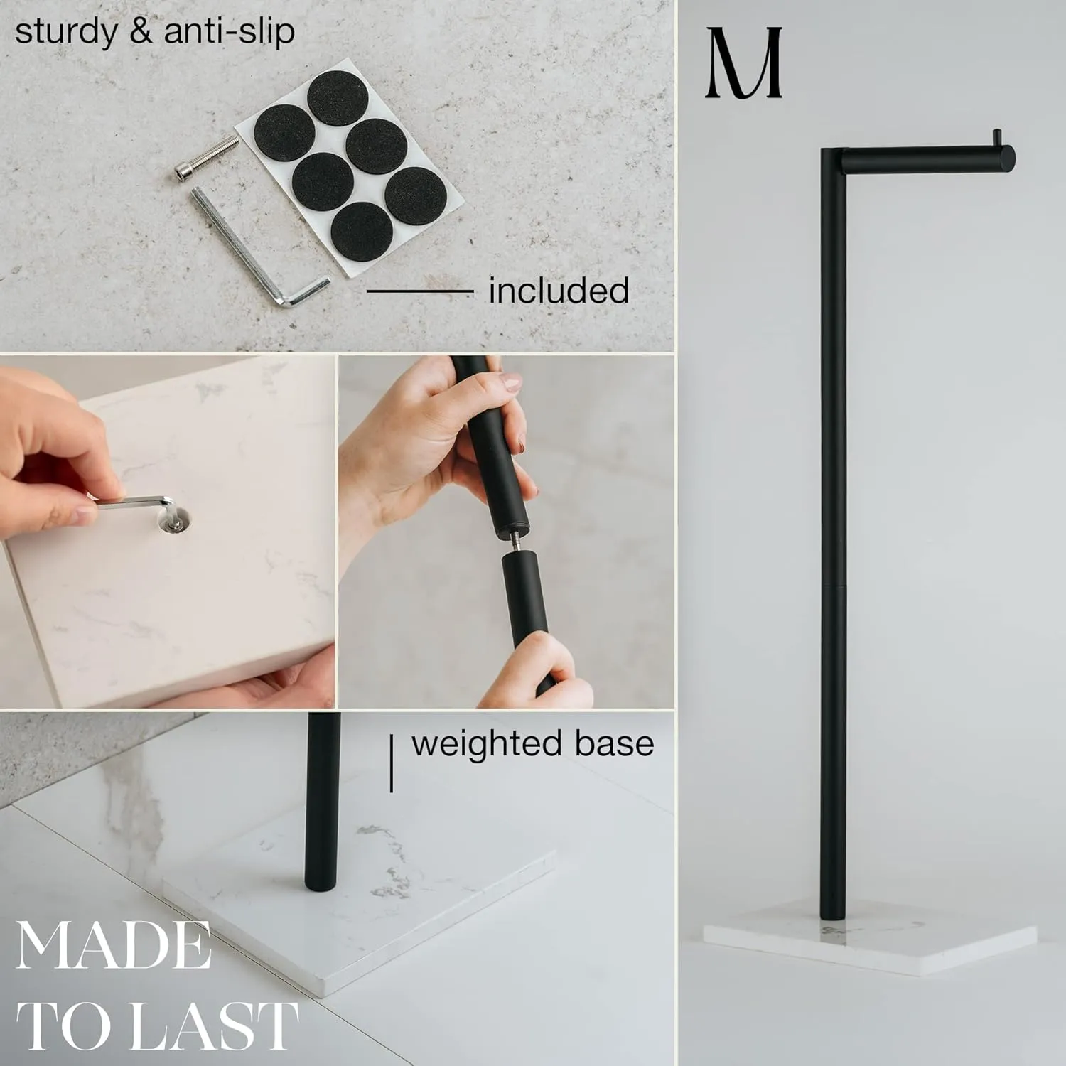 MARMOLUX ACC Free Standing Matte Black Toilet Paper Holder Stand White Marble Base and Storage - 4 Jumbo Roll Bathroom Hardware Toilet Tissue Organizer - Stainless Steel Bathroom Decor Accessory