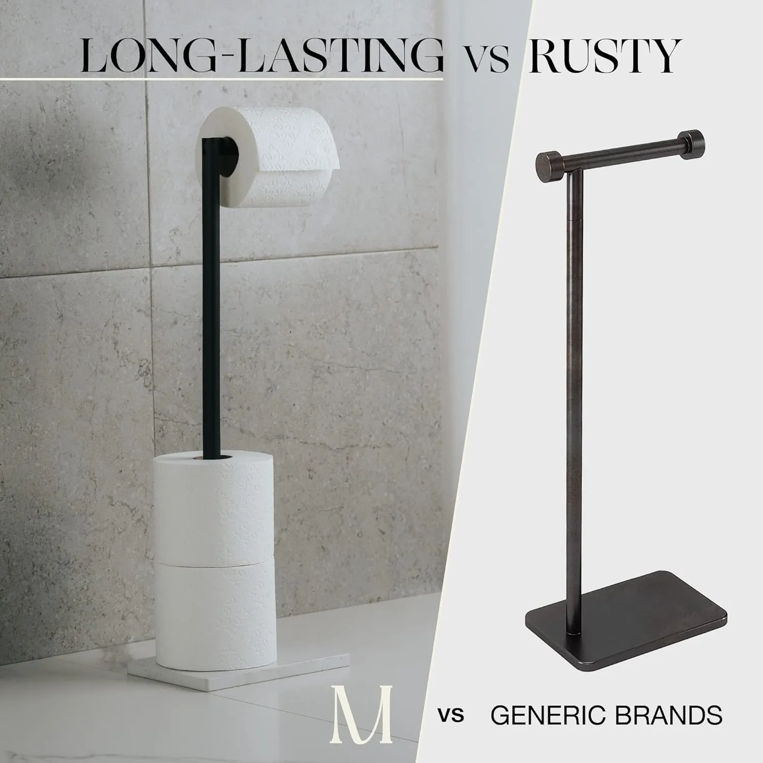 MARMOLUX ACC Free Standing Matte Black Toilet Paper Holder Stand White Marble Base and Storage - 4 Jumbo Roll Bathroom Hardware Toilet Tissue Organizer - Stainless Steel Bathroom Decor Accessory