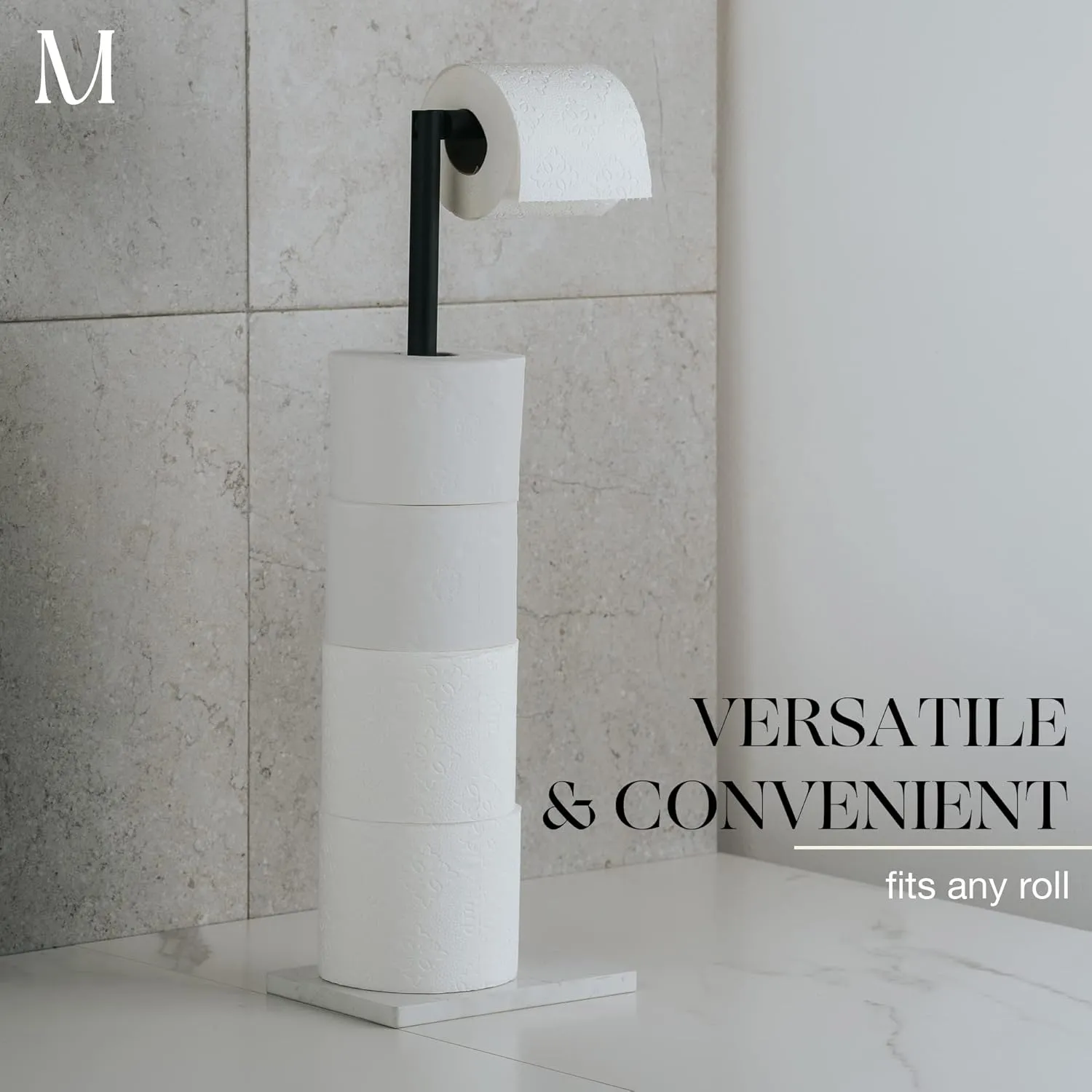 MARMOLUX ACC Free Standing Matte Black Toilet Paper Holder Stand White Marble Base and Storage - 4 Jumbo Roll Bathroom Hardware Toilet Tissue Organizer - Stainless Steel Bathroom Decor Accessory