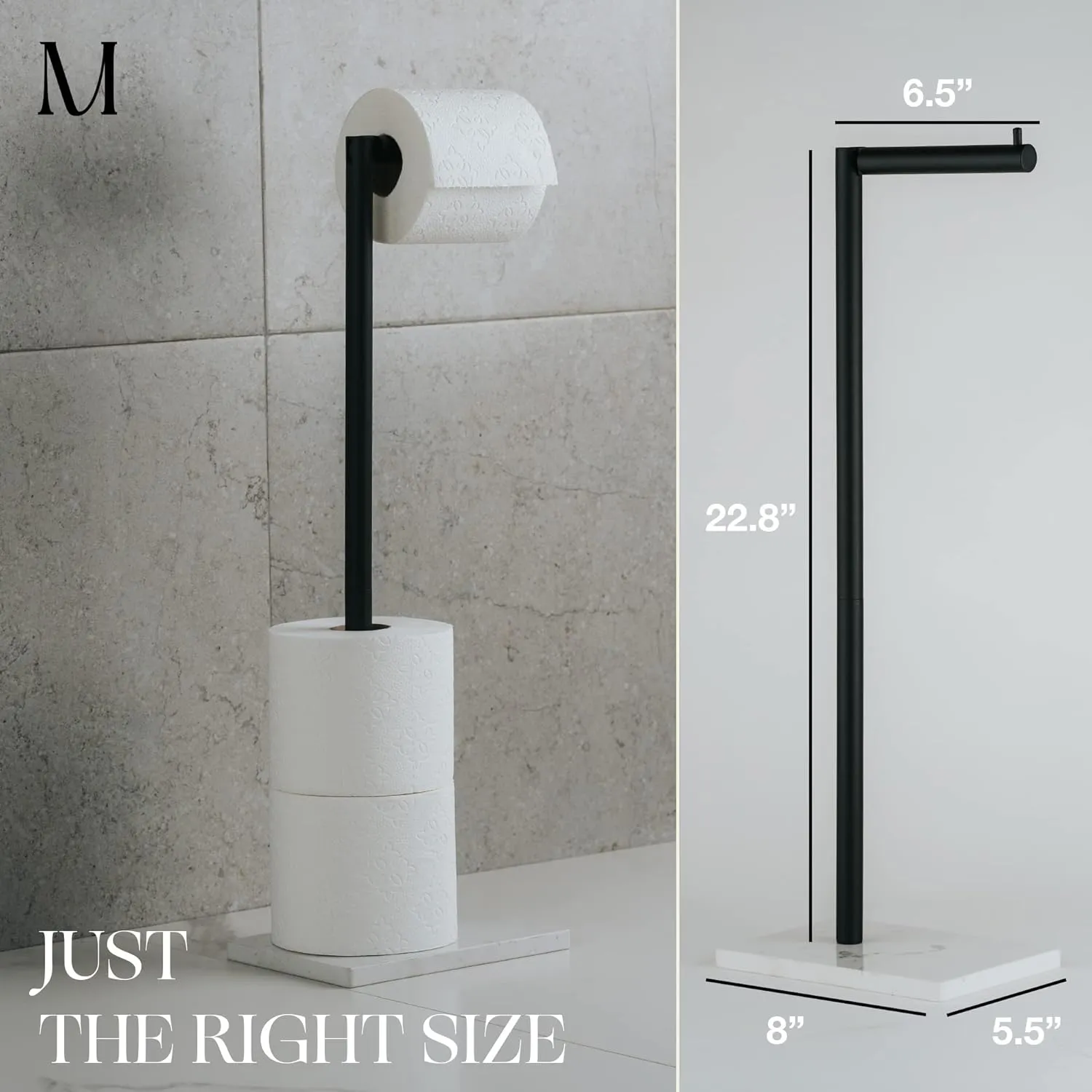 MARMOLUX ACC Free Standing Matte Black Toilet Paper Holder Stand White Marble Base and Storage - 4 Jumbo Roll Bathroom Hardware Toilet Tissue Organizer - Stainless Steel Bathroom Decor Accessory