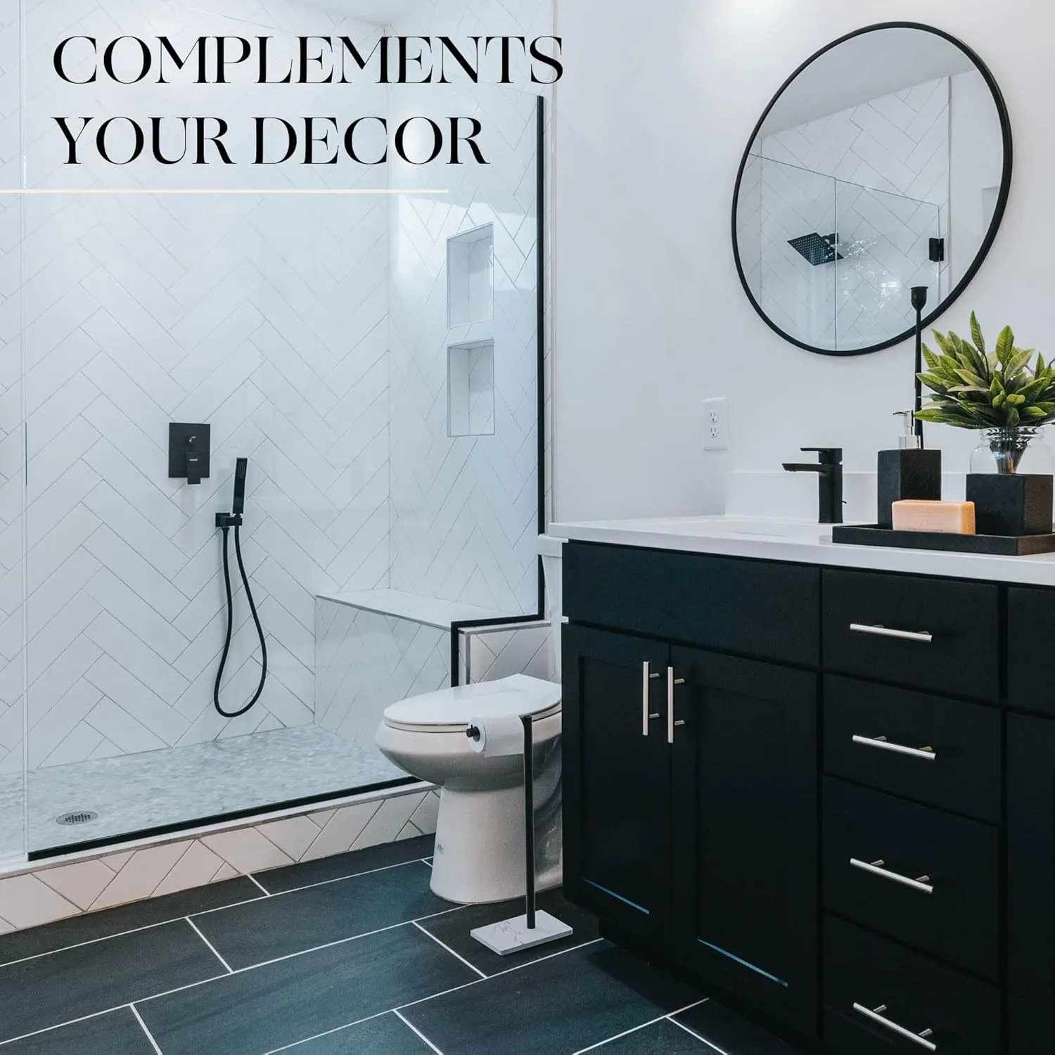 MARMOLUX ACC Free Standing Matte Black Toilet Paper Holder Stand White Marble Base and Storage - 4 Jumbo Roll Bathroom Hardware Toilet Tissue Organizer - Stainless Steel Bathroom Decor Accessory