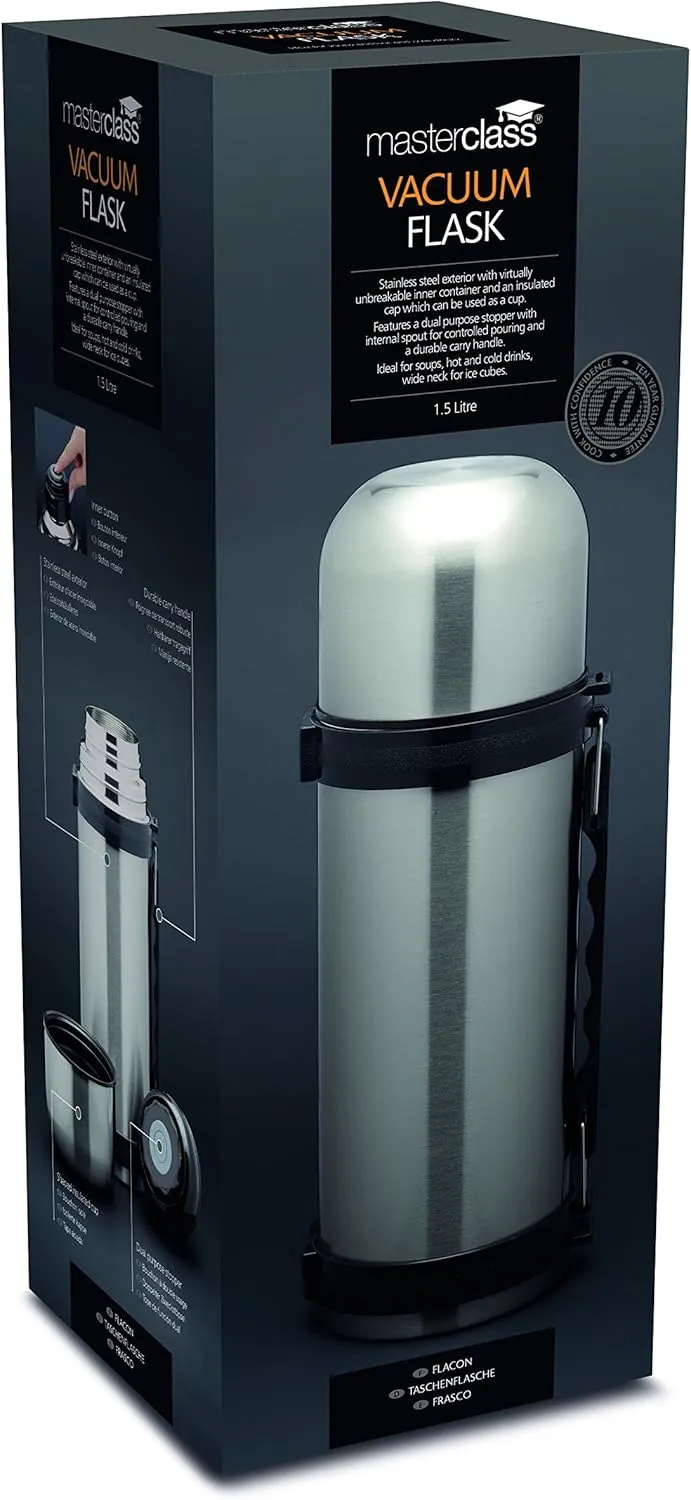 MasterClass Vacuum Flask with Handle, Stainless Steel, for Hot and Cold Drinks, 1 Litre (1.75 Pints), Silver