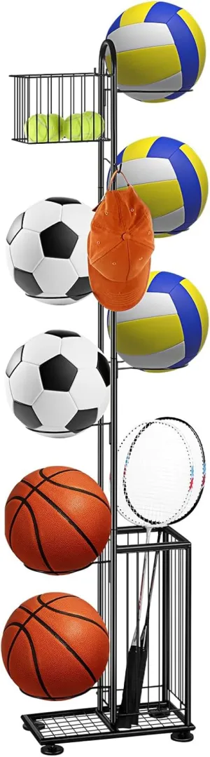 melos 7 Tier Basketball Ball Storage Rack, Freestanding Basketball Holder Garage Ball Storage Sport Organizer Rack with Basket for Volleyball Football Basketball, Indoor/Outdoor