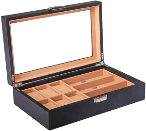Mens Jewellery Box 6   3 Grid Multifunction Storage Box for Watches Bracelets and Glasses Black Carbon Fiber Jewelry Display Box Transparent Cover Organizer Watches Collection Case Gift Box for Women