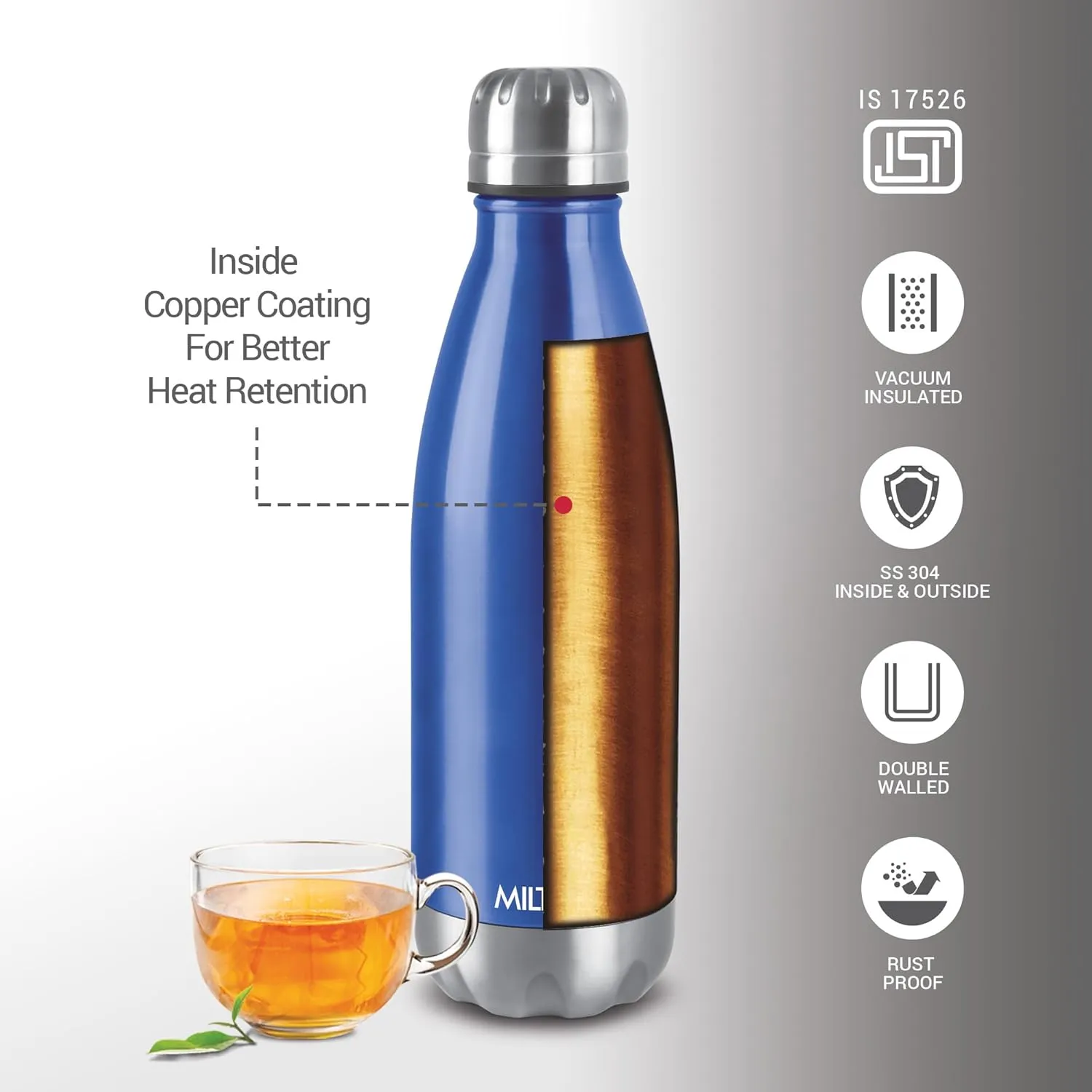 Milton Insulated Water Bottle 700 ml, (24 oz) Stainless Steel Double Walled Vacuum for 24 Hours Hot and Cold, Leakproof, BPA Free, Thermosteel Duo-DLX 750 Blue