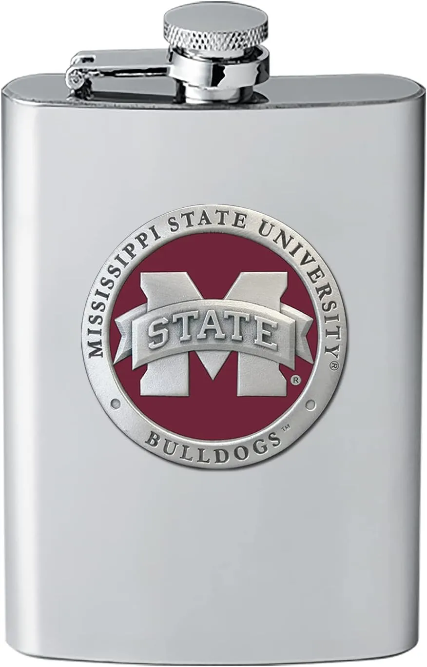 Mississippi State Bulldogs Flask | 8 Ounce Liquor Flask Container - Stainless Steel | Intricately Crafted Metal Pewter Alma Mater Inlay