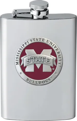 Mississippi State Bulldogs Flask | 8 Ounce Liquor Flask Container - Stainless Steel | Intricately Crafted Metal Pewter Alma Mater Inlay
