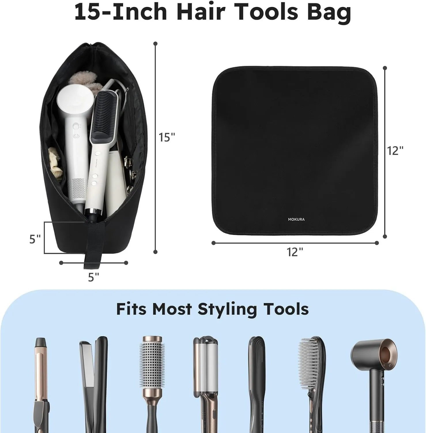 MOKURA Hot Hair Tools Travel Bag with Heat Resistant Mat Removable, Hair Accessories Organizer Case, Women Travel Essentials, Storage Pouch for Curling Iron Straightener Flat Iron Hair Dryer, Black