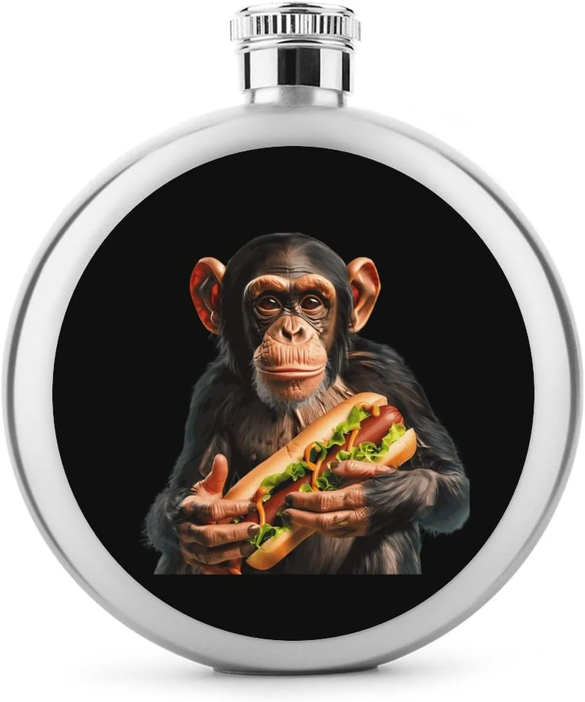 Monkey and Hot Dog Round Wine Flask 5 Oz Mini Portable Stainless Steel Drinking Flasks for Men Women Travel Home Office