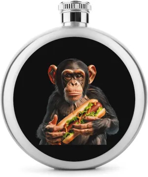 Monkey and Hot Dog Round Wine Flask 5 Oz Mini Portable Stainless Steel Drinking Flasks for Men Women Travel Home Office